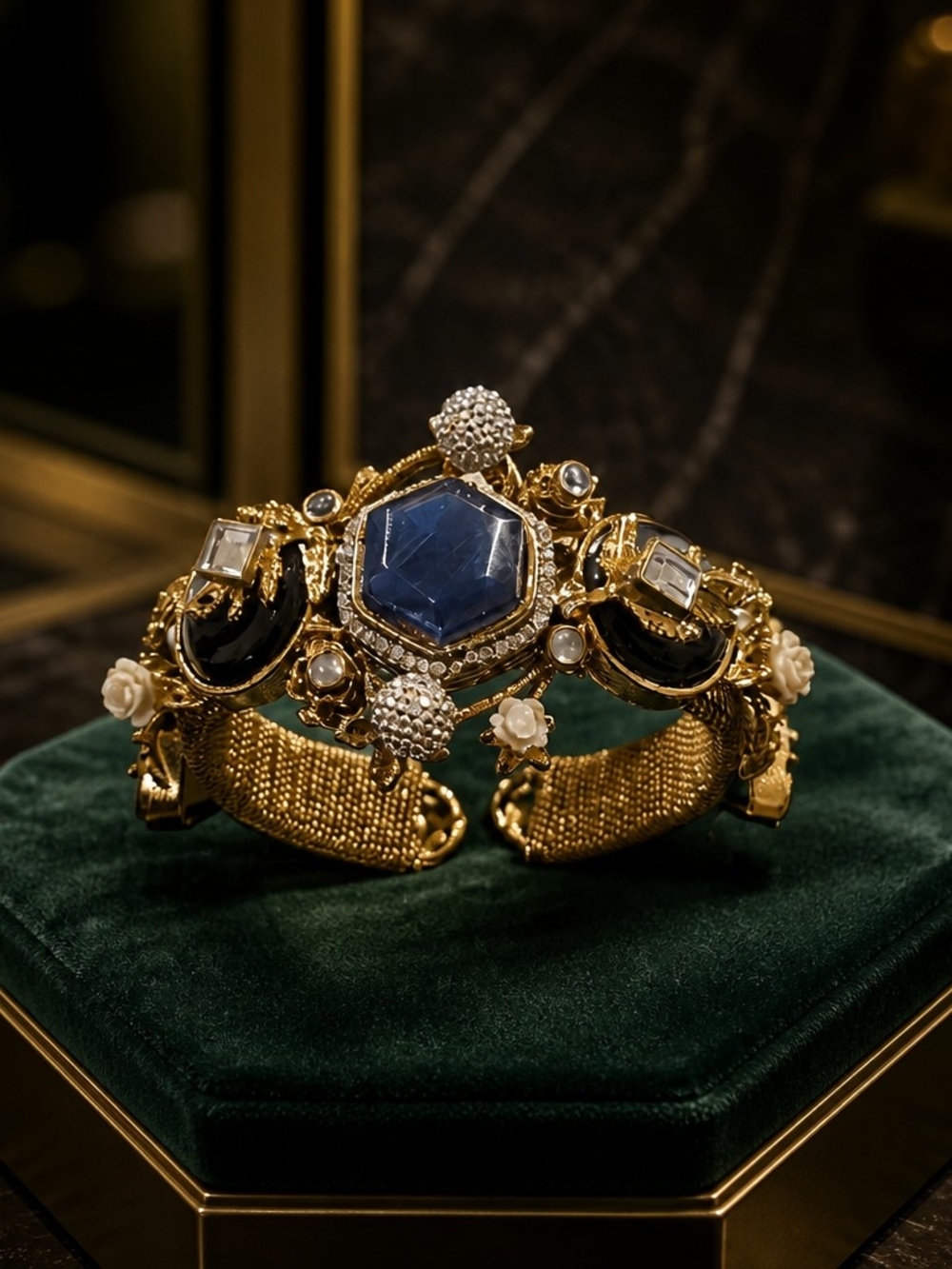 Gold-Plated Blue Stone Cuff Bracelet - Flexible Fit To 2.8 Size